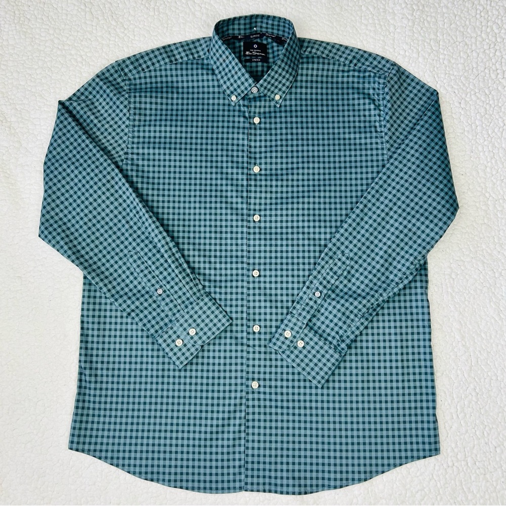 The Original Ben Sherman Slim Fit Men's Size XL Blue Plaid Print Stretch Shirt